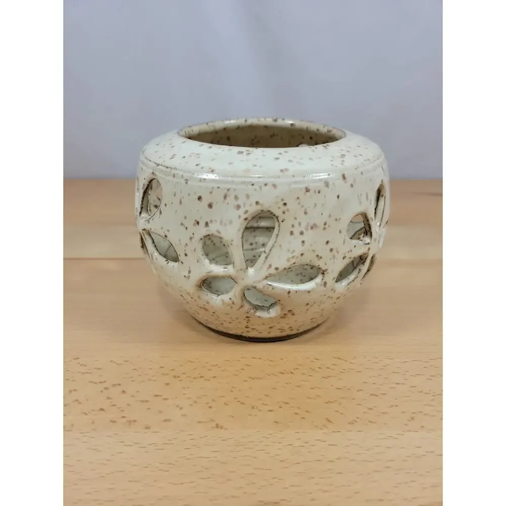 Art Pottery Candle Holder Luminary Flowers Speckled Brown Handmade Signed